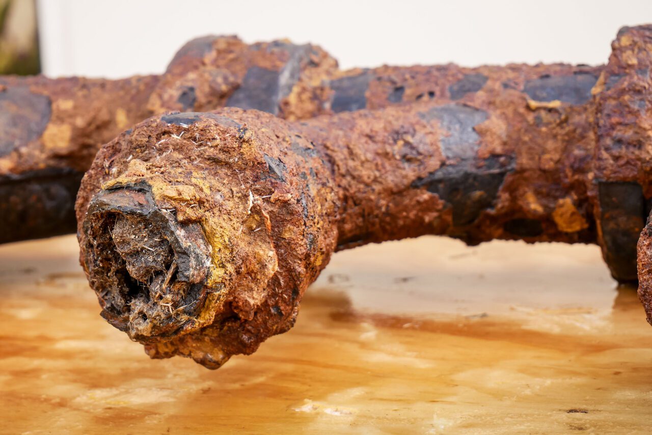 Severely corroded cast-iron drain pipe restricted by scale and debris